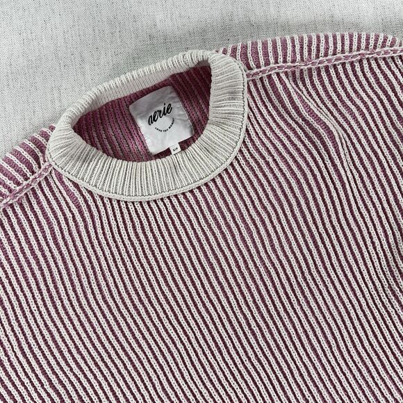 Aerie Pink Ribbed Knit Crewneck Sweater S Oversized Cozy Cotton Blend - Picture 2 of 7